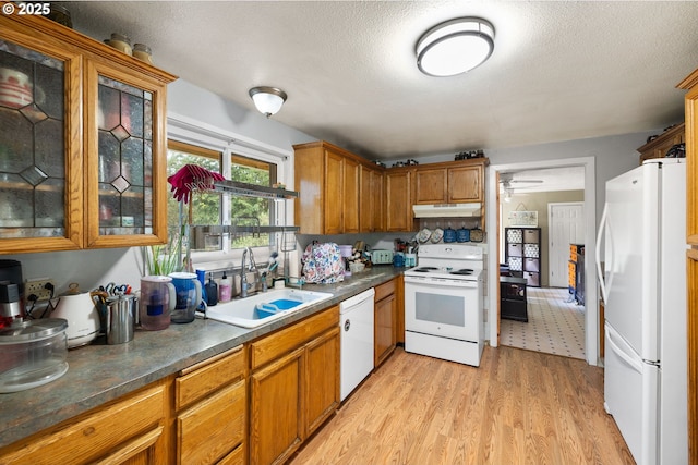 3712 NE 60th Ave, Vancouver, WA 98661 - kitchen with white appliances, under cabinet range hood, light wood finished floors, brown cabinetry, and a ceiling fan