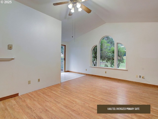 unfurnished room with ceiling fan, lofted ceiling, and light hardwood / wood-style floors