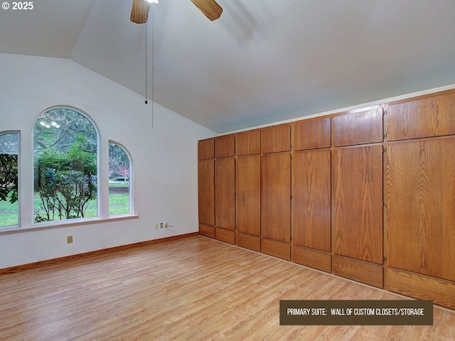 bonus room featuring ceiling fan, lofted ceiling, and light hardwood / wood-style flooring