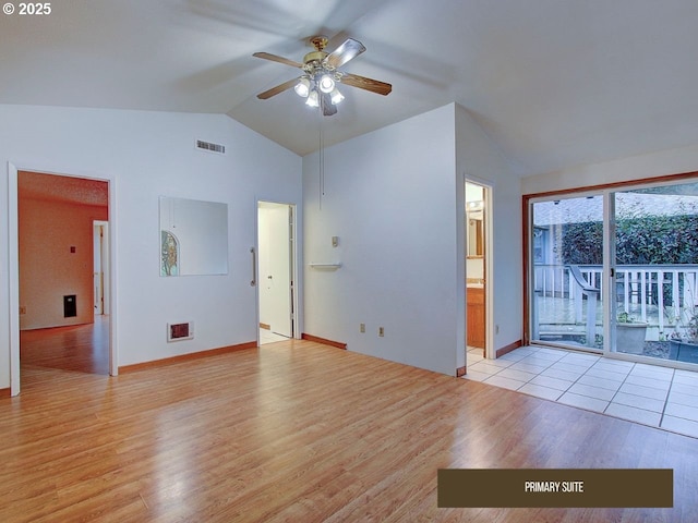 interior space featuring lofted ceiling, light hardwood / wood-style flooring, and ceiling fan