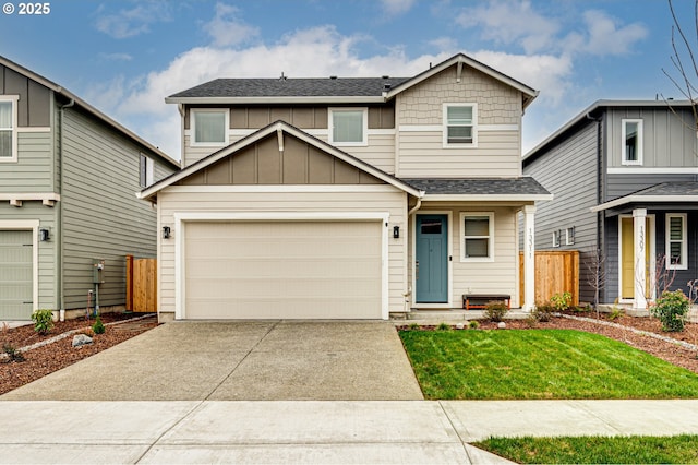 view of front of property with board and batten siding, a shingled roof, driveway, and fence