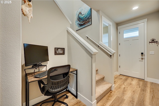 office area featuring recessed lighting, wood finished floors, and baseboards