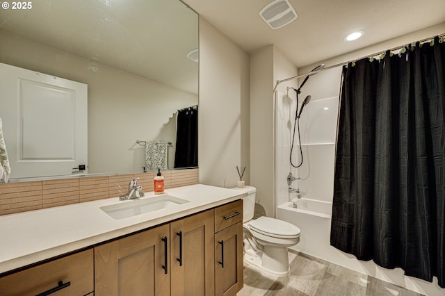 bathroom with visible vents, shower / tub combo with curtain, toilet, backsplash, and vanity