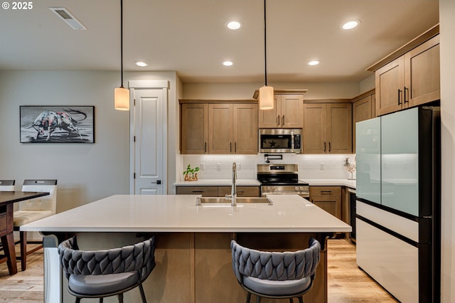 kitchen featuring a sink, stainless steel appliances, backsplash, and visible vents