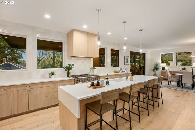 kitchen featuring range with two ovens, modern cabinets, premium range hood, and a sink