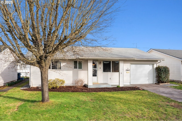 single story home featuring a garage, roof with shingles, driveway, and a front lawn