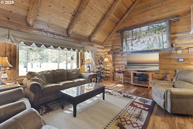 living room with rustic walls, wooden ceiling, hardwood / wood-style flooring, high vaulted ceiling, and beam ceiling