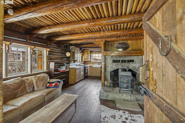 living area featuring log walls, dark wood finished floors, a wood stove, beam ceiling, and wooden ceiling