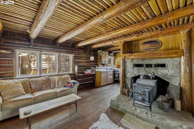 living area featuring rustic walls, a wood stove, beamed ceiling, hardwood / wood-style flooring, and wooden ceiling