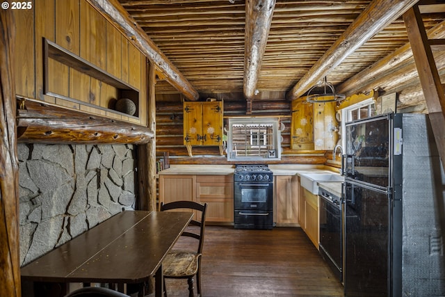 kitchen featuring black appliances, a sink, log walls, wooden ceiling, and dark wood-style floors