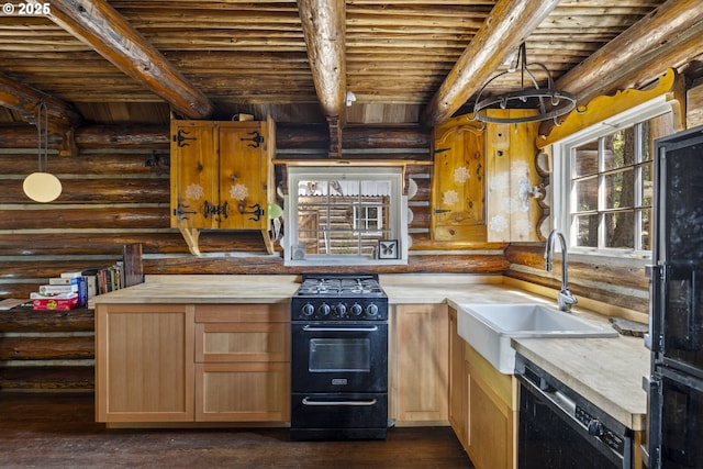kitchen featuring black appliances, rustic walls, a sink, beamed ceiling, and light countertops