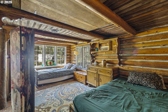 bedroom featuring rustic walls, wooden ceiling, beamed ceiling, and wood finished floors