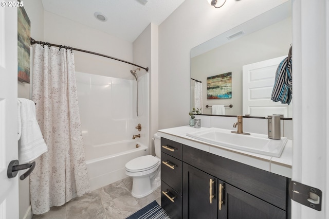 full bathroom with vanity, shower / tub combo with curtain, marble finish floor, toilet, and visible vents