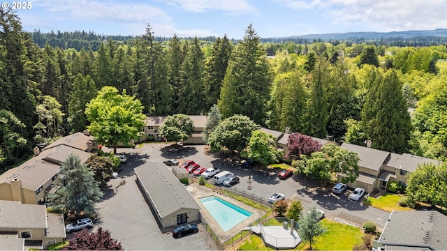 aerial view of residential area with a pool area and a forest