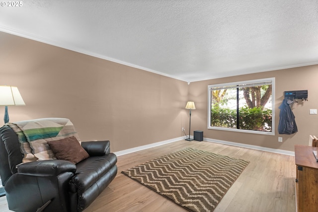 living area featuring wood finished floors, ornamental molding, a textured ceiling, and baseboards