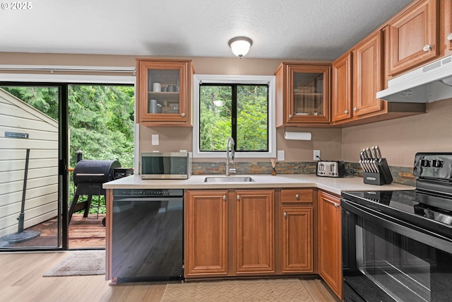 kitchen with black appliances, under cabinet range hood, a sink, light countertops, and plenty of natural light