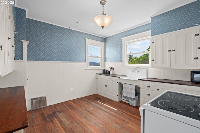 322 W C St, Rainier, OR 97048 - kitchen with ornamental molding, dark wood finished floors, a wainscoted wall, dark countertops, and white cabinets