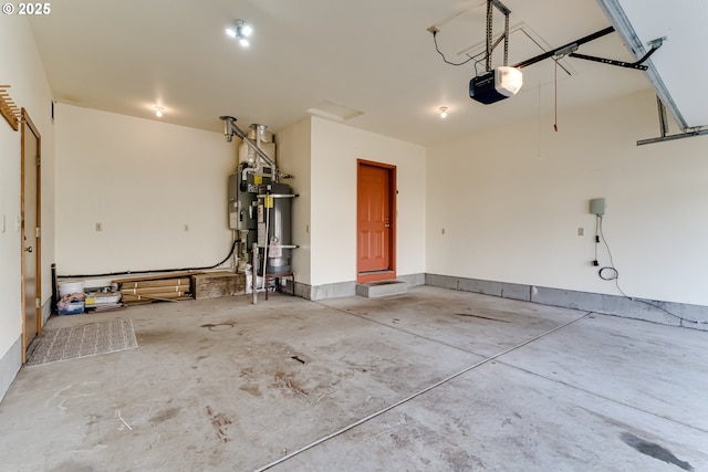 garage with secured water heater and a garage door opener