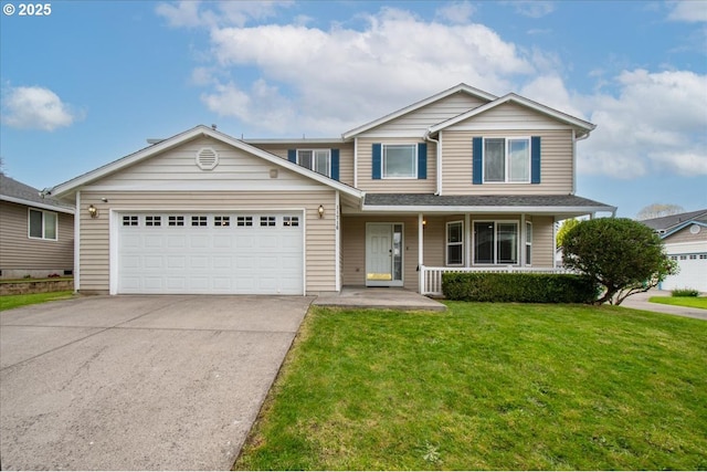 11716 NE 42nd Ct, Vancouver, WA 98686 - view of front of house with a garage, driveway, a front lawn, and a porch