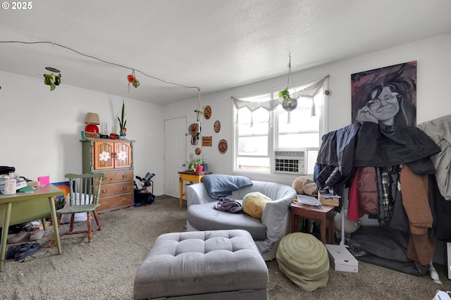 living area featuring carpet and cooling unit