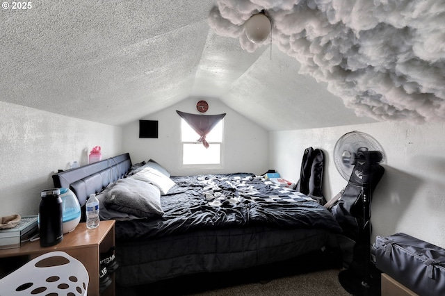 carpeted bedroom featuring a textured ceiling and lofted ceiling