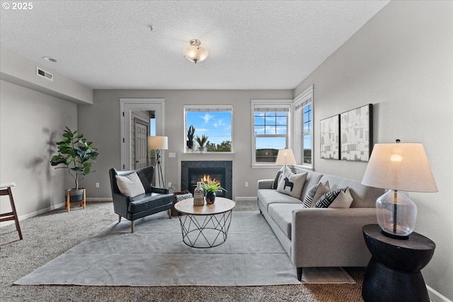 9183 NW Germantown Rd, Portland, OR 97231 - living room with carpet flooring, a textured ceiling, a fireplace, and baseboards