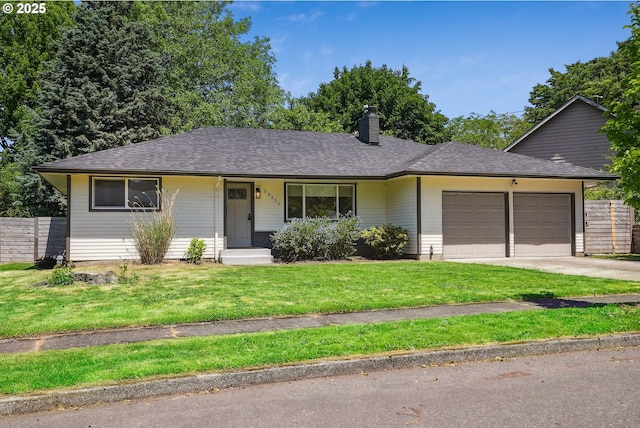 10559 NE Thompson St, Portland, OR 97220 - ranch-style home featuring a garage, a chimney, concrete driveway, and roof with shingles