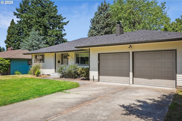 10559 NE Thompson St, Portland, OR 97220 - ranch-style home featuring driveway, a front yard, a garage, a chimney, and roof with shingles