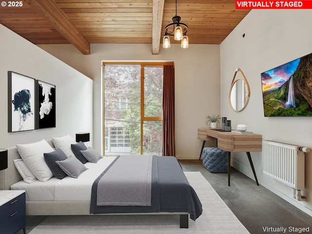 bedroom with wooden ceiling, beamed ceiling, radiator heating unit, and baseboards