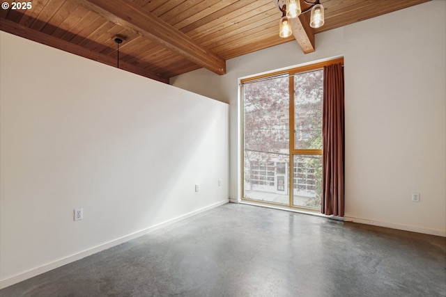 unfurnished room with wood ceiling, beam ceiling, concrete floors, and baseboards
