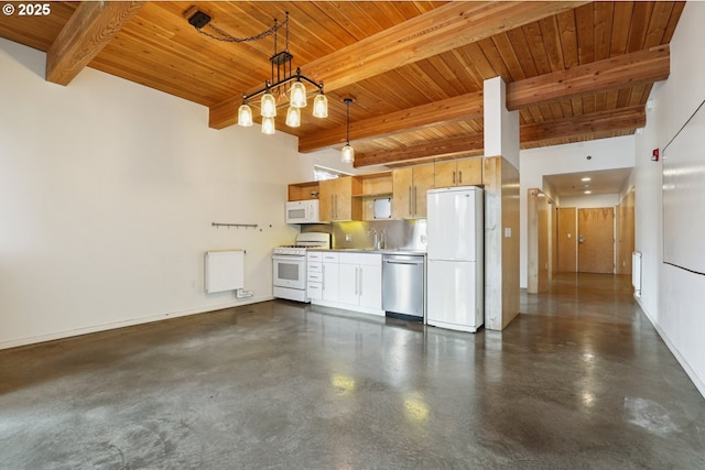 kitchen with white appliances, radiator, wood ceiling, beamed ceiling, and concrete flooring
