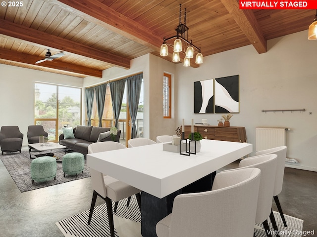 dining area with finished concrete flooring, wooden ceiling, beamed ceiling, and a ceiling fan