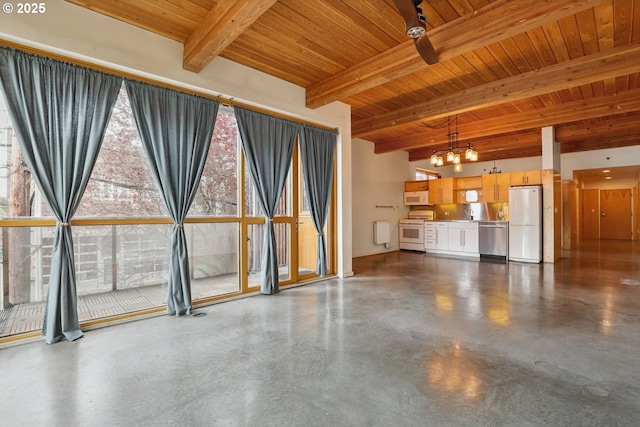 unfurnished living room with wooden ceiling, beamed ceiling, a chandelier, and concrete floors