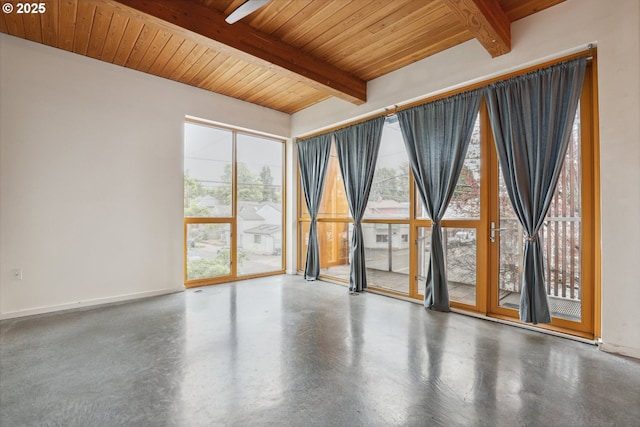 spare room featuring beam ceiling, wood ceiling, baseboards, and finished concrete floors