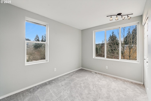 carpeted empty room with a healthy amount of sunlight, visible vents, baseboards, and track lighting