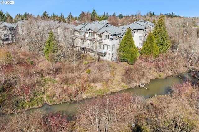 aerial view featuring a water view and a residential view