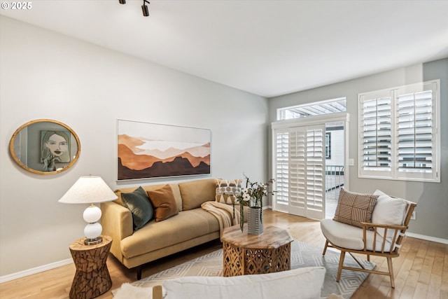 living area featuring baseboards and wood finished floors