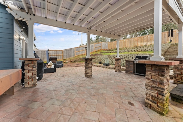 view of patio / terrace with exterior bar, a grill, and exterior kitchen