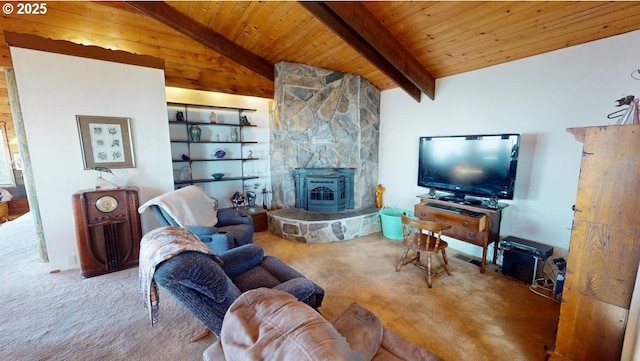 carpeted living room featuring vaulted ceiling with beams and wooden ceiling