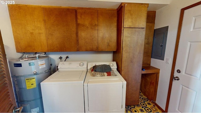 washroom featuring water heater, independent washer and dryer, cabinet space, and electric panel