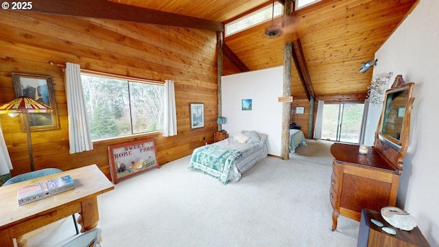 carpeted bedroom featuring lofted ceiling with beams, wood ceiling, and wooden walls