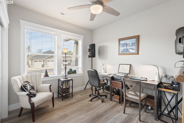 office featuring ceiling fan, light hardwood / wood-style flooring, and plenty of natural light