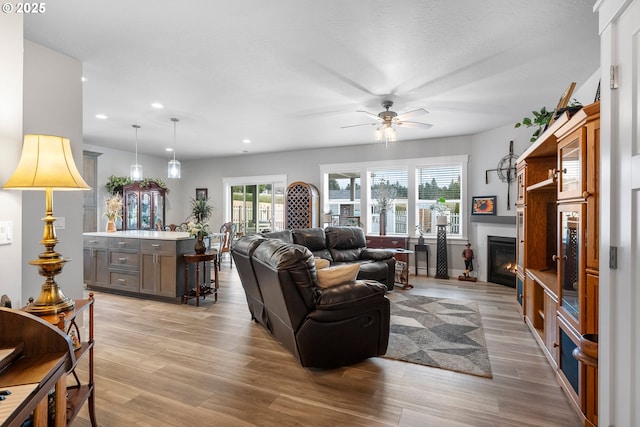 living room featuring ceiling fan and light hardwood / wood-style floors