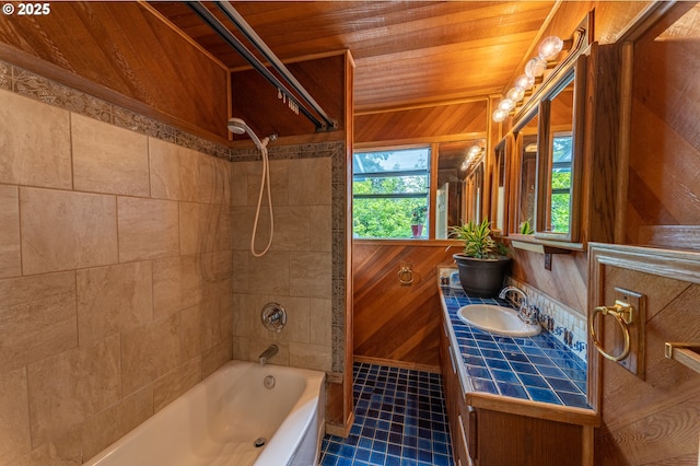 725 N 9th St, Coos Bay, OR 97420 - bathroom featuring washtub / shower combination, vanity, wood ceiling, wooden walls, and tile patterned flooring
