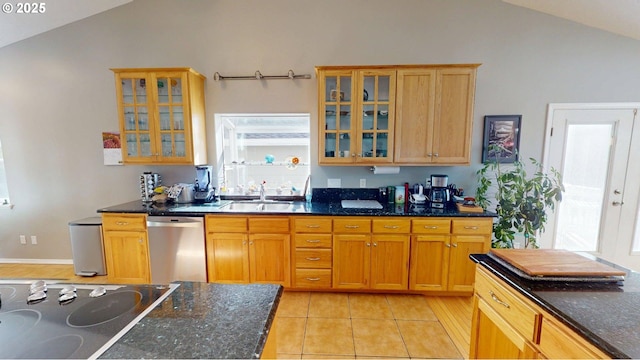 94342 Gauntlett St, Gold Beach, OR 97444 - kitchen featuring black electric stovetop, stainless steel dishwasher, glass insert cabinets, dark stone countertops, and high vaulted ceiling