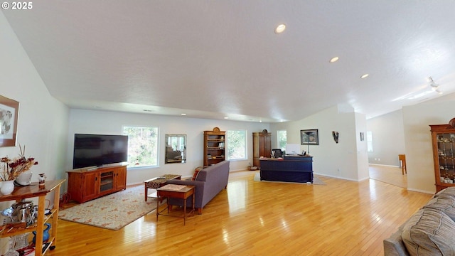 94342 Gauntlett St, Gold Beach, OR 97444 - living room with light wood finished floors, recessed lighting, and vaulted ceiling
