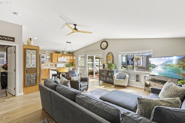 50990 Dike Rd Unit B3, Scappoose, OR 97056 - living area with ceiling fan, light wood-type flooring, lofted ceiling, and recessed lighting