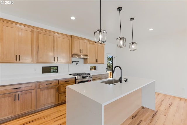 1081 SE Balsamroot Ln, Madras, OR 97741 - kitchen featuring gas range, light wood-style floors, light countertops, under cabinet range hood, and recessed lighting