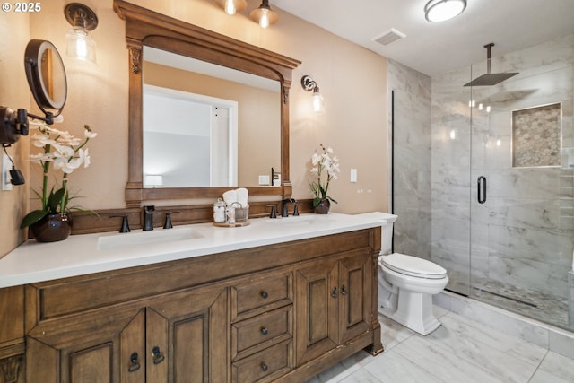 23295 SW Cascade Pl, Sherwood, OR 97140 - bathroom featuring a stall shower, marble look tile flooring, toilet, and double vanity