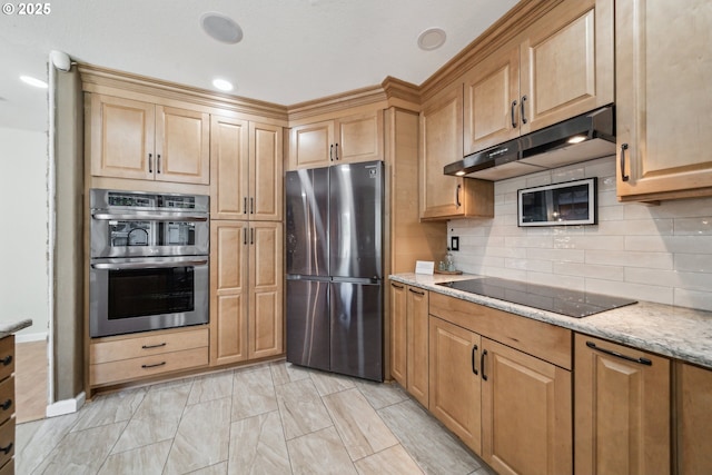 23295 SW Cascade Pl, Sherwood, OR 97140 - kitchen with stainless steel appliances, under cabinet range hood, light stone counters, tasteful backsplash, and recessed lighting